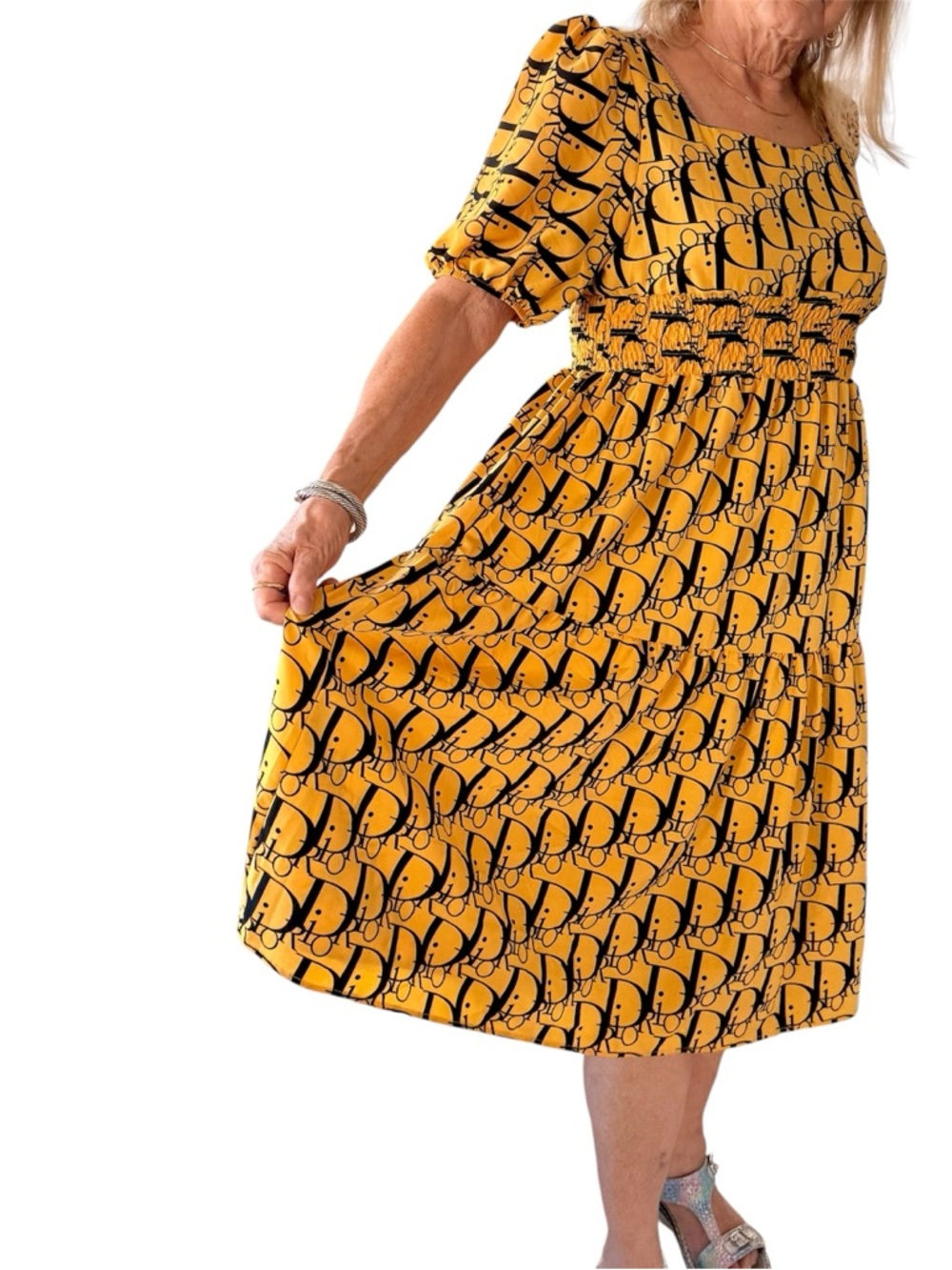 Midi length dress square neck line, mustard yellow & black Dior print fabric - Picture 4 of 15